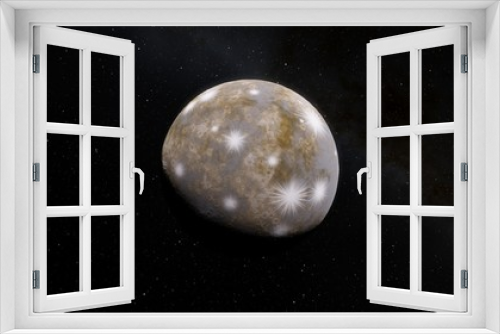 Fototapeta Naklejka Na Ścianę Okno 3D - Exoplanet 3D illustration the planet is cold with craters with a ring against a black sky (Elements of this image furnished by NASA)