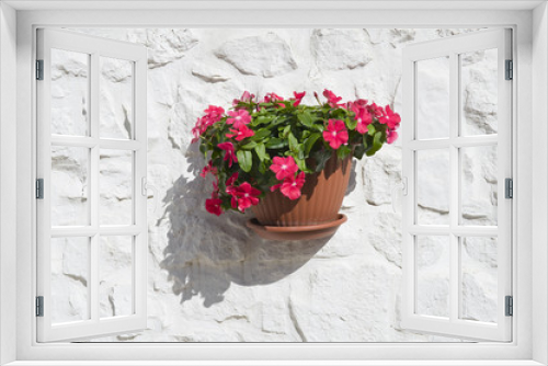 Fototapeta Naklejka Na Ścianę Okno 3D - Flowerpot hanging on a wall. Alberobello. Apulia.
