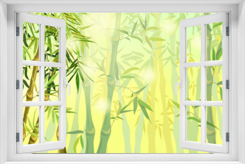 Fototapeta Naklejka Na Ścianę Okno 3D - Background green bamboo stems and leaves. Template landscape summer sunny day. Vector illustration.