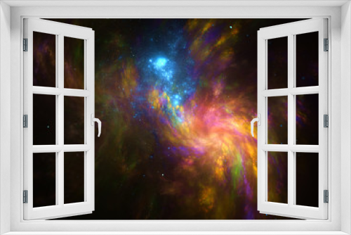 Fototapeta Naklejka Na Ścianę Okno 3D - Nebula and galaxies in infinite space - starfield, stars and space dust scattered throughout a vast universe. Swirling black hole, burst of light from birth of stars, illustration, cosmic artwork.