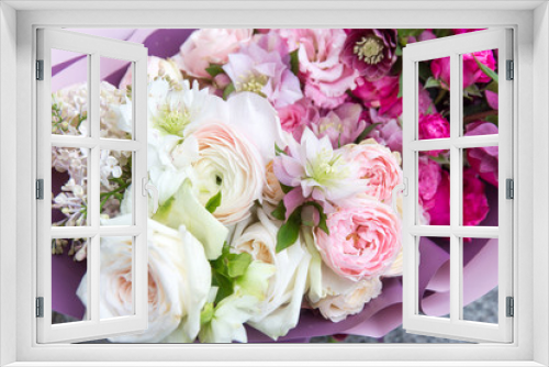 Fototapeta Naklejka Na Ścianę Okno 3D - Beautiful elegant wedding bouquet, flowers arrangement by florist with white and pink roses and lilac close up . Floral background