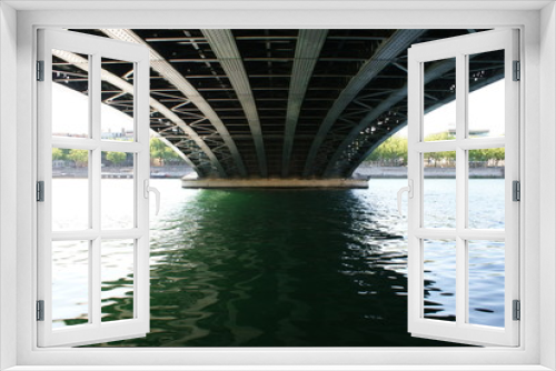 Fototapeta Naklejka Na Ścianę Okno 3D - metallic bridge, river and blue sky, structural steel, architecture and engineering