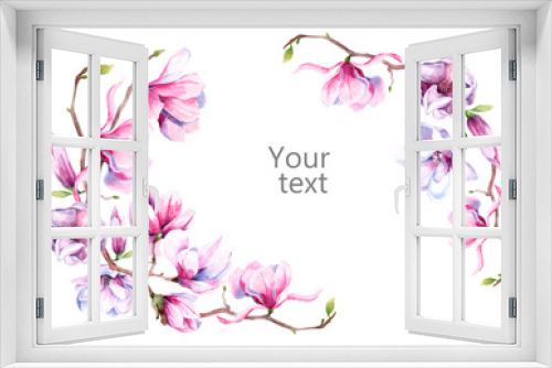 Fototapeta Naklejka Na Ścianę Okno 3D - watercolor image of magnolia flowers. Magnolia spring bloom. greeting card and wedding invitation. wreath of flowers