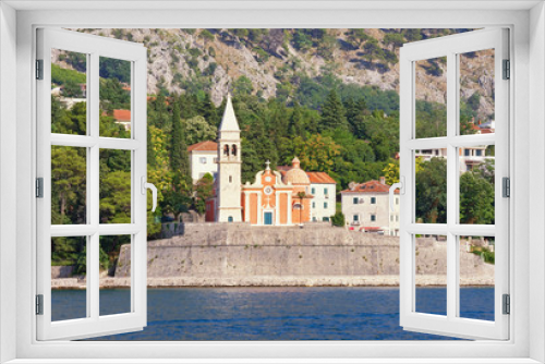 Fototapeta Naklejka Na Ścianę Okno 3D - Beautiful summer Mediterranean landscape. Montenegro, Adriatic Sea, Bay of Kotor. View of Church of St. Matthew in Dobrota town ( near Kotor city ) from the sea