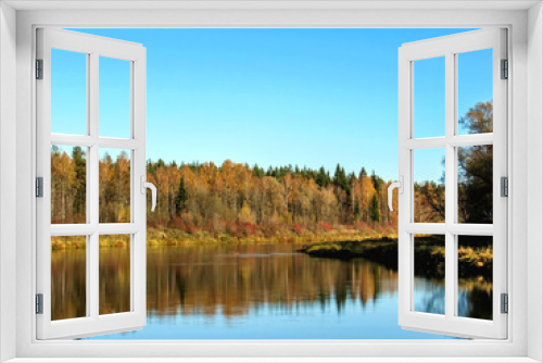 Fototapeta Naklejka Na Ścianę Okno 3D - Autumn landscape of Gauja river valley and colorful forest reflection in mirror water