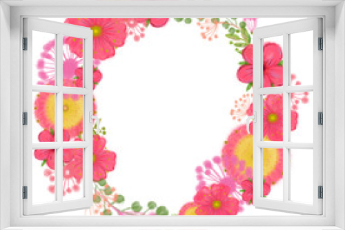 Fototapeta Naklejka Na Ścianę Okno 3D - Round Wreath with Fantasy Flowers Isolated on White Background. Floral Frame with Easter Pink Flowers.  