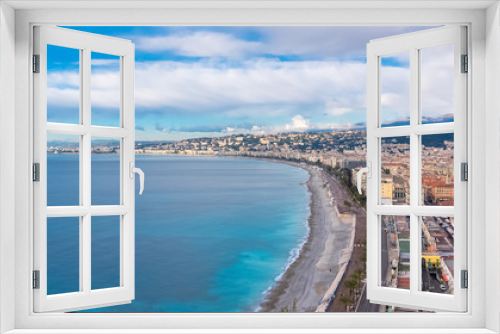 Fototapeta Naklejka Na Ścianę Okno 3D -     Nice, aerial view of the promenade des Anglais, the old town, on the French Riviera, with the Cours Saleya and the place Massena in background 