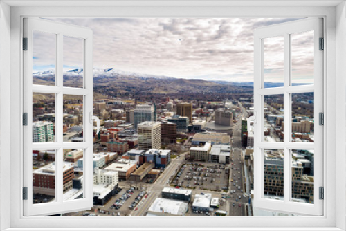 Aerial view of Boise Idaho with winter show in the foothills