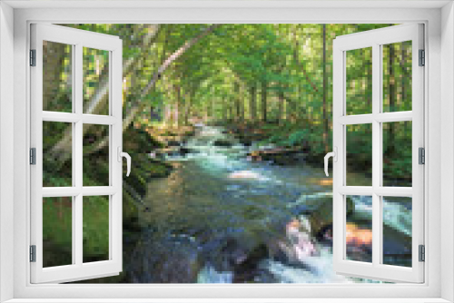 Fototapeta Naklejka Na Ścianę Okno 3D - cascades on the forest creek in springtime. beautiful nature scenery. river path come from the distance. sunny weather. tall trees on the shore
