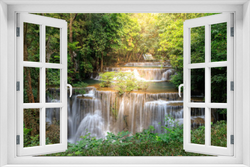 Fototapeta Naklejka Na Ścianę Okno 3D - Huai Mae Khamin Waterfall tier 4 with sun ray, Khuean Srinagarindra National Park, Kanchanaburi, Thailand