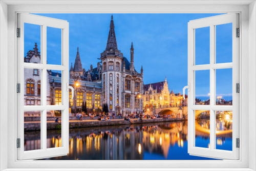 Ghent, Belgium. Medieval buildings overlooking the Graslei harbor on Leie river.