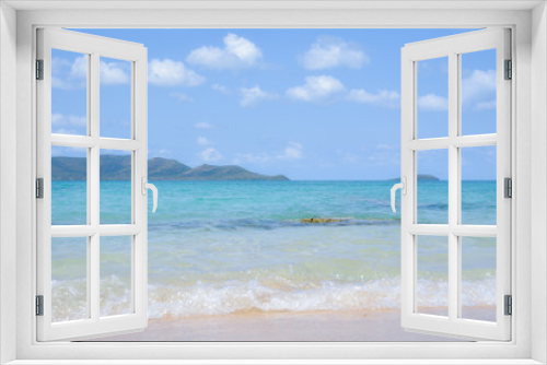 Fototapeta Naklejka Na Ścianę Okno 3D - Beautiful beach with soft wave of tropical sea and blue sky. Summer day concept. Vacation and holidays concept.