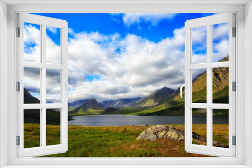 Fototapeta Naklejka Na Ścianę Okno 3D - Summer day landscape with mountains and lake in the tundra, Yamal, Russia