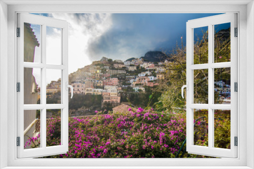 Fototapeta Naklejka Na Ścianę Okno 3D - Positano, Italy - November, 2018: Beautiful houses and street in Positano shore. Amalfi coast, Italy