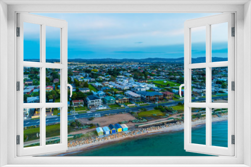 Fototapeta Naklejka Na Ścianę Okno 3D - Aerial view of colorful beach boxes and luxury houses on Mornington Peninsula, Melbourne, Australia