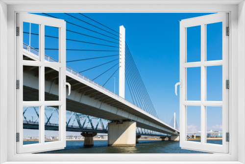 Fototapeta Naklejka Na Ścianę Okno 3D - (東京都-都市風景)荒川岸から望む清砂大橋と首都高速３