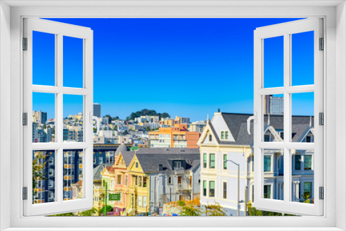 Fototapeta Naklejka Na Ścianę Okno 3D - Panoramic view of the San Francisco Painted ladies (Victorian Houses).