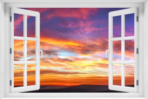 Fototapeta Naklejka Na Ścianę Okno 3D - Panorama colorful magnificent sunset in countryside above hills and fields, beauty nature background
