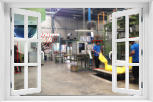 A Dome CCTV  infrared camera technology 4.0 for look security area of work in industry workers show signage with industry  building at working time with blur background