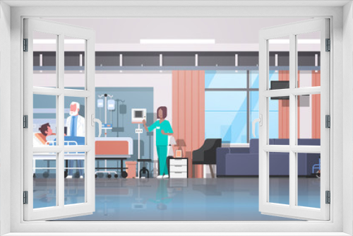 doctor and nurse visiting patient man lying bed with dropper intensive therapy ward healthcare concept hospital room interior modern medical clinic horizontal banner full length