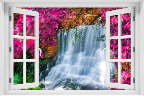 Fototapeta Naklejka Na Ścianę Okno 3D - Amazing in nature, beautiful waterfall at colorful autumn forest in fall season 