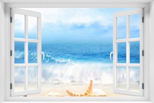 Fototapeta Naklejka Na Ścianę Okno 3D - Summer beach. Seashell and starfish on a sand and ocean as background.