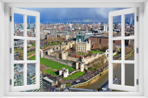 Aerial drone photo of iconic Tower of London castle in the heart of City of London, United Kingdom