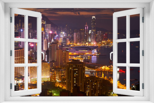 Fototapeta Naklejka Na Ścianę Okno 3D - night cityscape in hong kong on braema hill