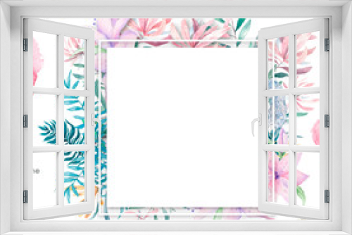 Fototapeta Naklejka Na Ścianę Okno 3D - Wedding Invitation, floral invite card, pink flowers and green leafs geometric. Rhombus Rectangle frame. White square background. Leopard watercolor animals. Greeting card, tropical set. Living coral