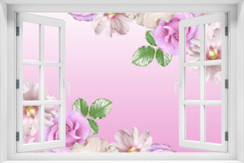 Fototapeta Naklejka Na Ścianę Okno 3D - Beautiful floral background of lilac roses and mallow. Isolated