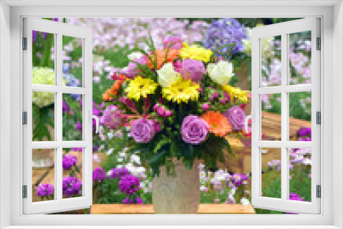 Fototapeta Naklejka Na Ścianę Okno 3D - Flower in vase on wooden box show at flora exhibition, beautiful flowery pattern, garden decorative, art of bouquet design, flower bouquet design, flower bouquet style, flowery garden, flowering plant