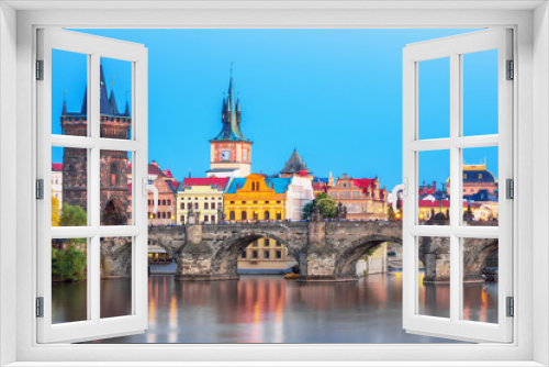 Fototapeta Naklejka Na Ścianę Okno 3D - Scenic view Charles bridge and historical center of Prague, buildings and landmarks of old town at sunset, Prague, Czech Republic