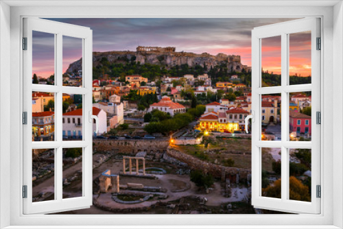 Fototapeta Naklejka Na Ścianę Okno 3D - View of Acropolis from a roof top coctail bar at sunset, Greece. 