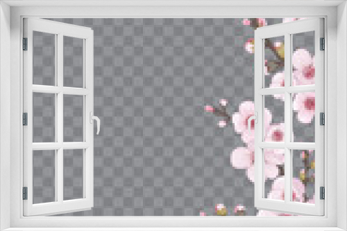 Fototapeta Naklejka Na Ścianę Okno 3D - Light frame vertical of sakura flowers. Handmade background in oriental style. Pink on transparent background. Theme design fabric, invitations, packaging, cards, story.