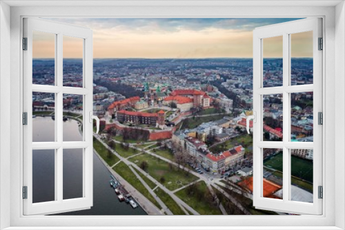 Fototapeta Naklejka Na Ścianę Okno 3D - Aerial drone view on Cracow and Wawel Castle.