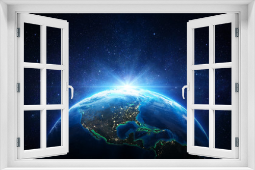 Fototapeta Naklejka Na Ścianę Okno 3D - Sunrise In The Space - Blue Earth With City Lights - Usa elements of this image furnished by NASA - 3d Rendering