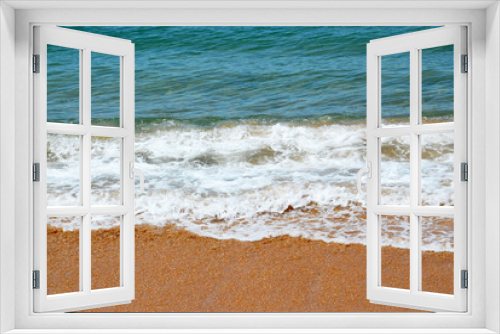 Fototapeta Naklejka Na Ścianę Okno 3D - Summer background with turquoise ocean water and golden sand on tropical beach. Sea waves.Vacation,relax or travel concept with copy space.