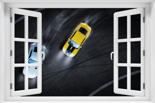 Fototapeta Naklejka Na Ścianę Okno 3D - 3D rendering aerial top view two cars drifting battle the night time on race track, Two race cars view from above.