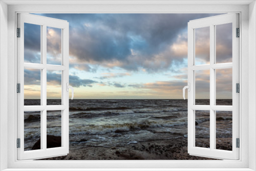 Fototapeta Naklejka Na Ścianę Okno 3D - storm weather on the beach by rocky sea shore