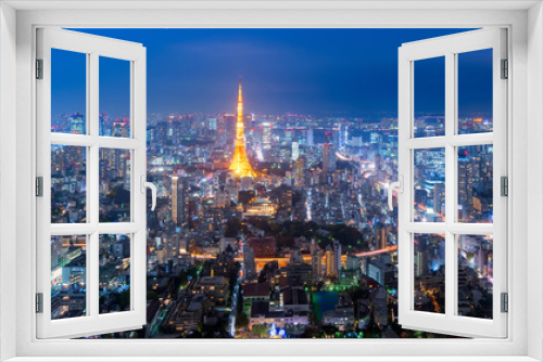 Fototapeta Naklejka Na Ścianę Okno 3D - Panorama view over Tokyo tower and Tokyo cityscape view from Roppongi Hills at night in Tokyo at Japan