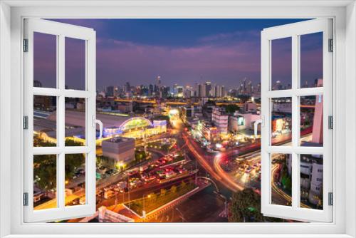 Fototapeta Naklejka Na Ścianę Okno 3D - Bangkok Hua Lamphong Railway Station at Twilight. Traffic on the streets. Bird eye view, Bangkok ,Thailand-April 2019: 