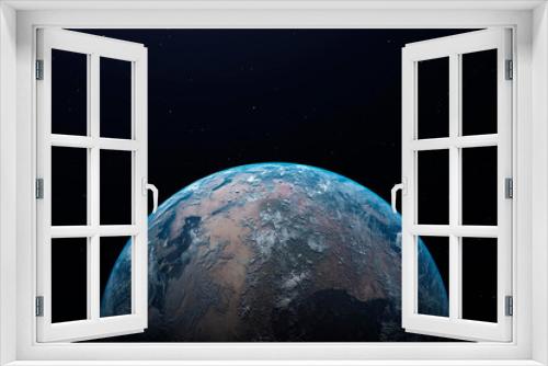 Fototapeta Naklejka Na Ścianę Okno 3D - Earth at night as seen from space with blue, glowing atmosphere and space at the top. 3d illustration