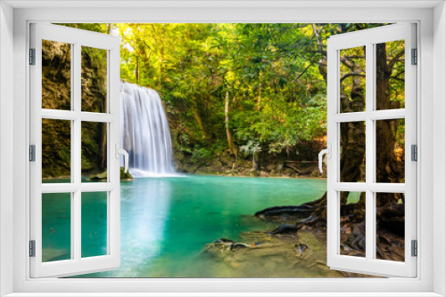 Fototapeta Naklejka Na Ścianę Okno 3D - Erawan Waterfall in National Park, Thailand,Blue emerald color waterfall