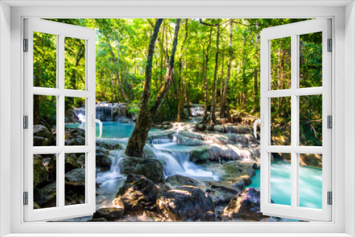 Fototapeta Naklejka Na Ścianę Okno 3D - Erawan Waterfall in National Park, Thailand,Blue emerald color waterfall