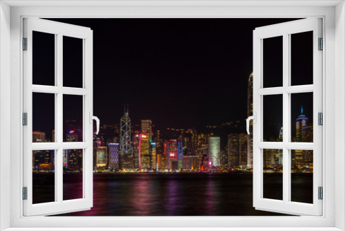 Fototapeta Naklejka Na Ścianę Okno 3D - Beautiful scenic night view of victoria habour and building on hong kong island. Landmark of hong kong.