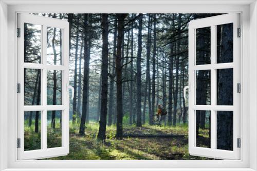 Fototapeta Naklejka Na Ścianę Okno 3D - A man with a bicycle in the forest in the early morning
