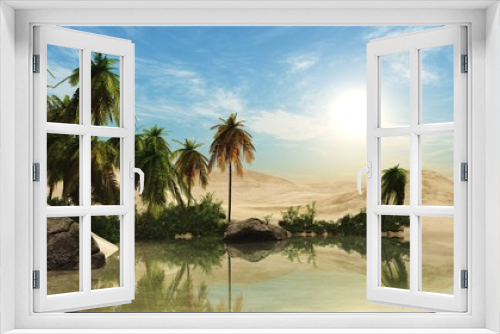 Fototapeta Naklejka Na Ścianę Okno 3D - Oasis at sunset in a sandy desert, a panorama of the desert with palm trees