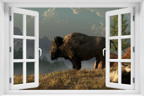 Fototapeta Naklejka Na Ścianę Okno 3D - An American Bison, often called a buffalo, stands in profile on a grassy hillside in the wilderness of the North American West. 3D Rendering.