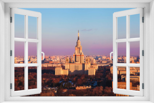 Moscow state university at sunrise. Russia. Top view.