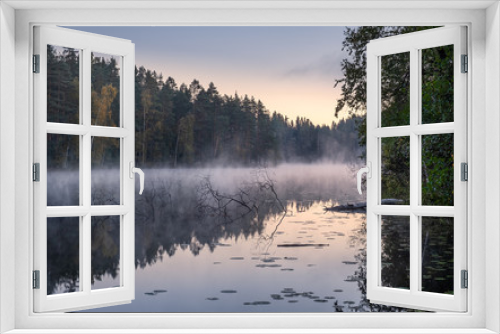 Fototapeta Naklejka Na Ścianę Okno 3D - Beautiful landscape with lake fog and sunrise at autumn morning in Finland